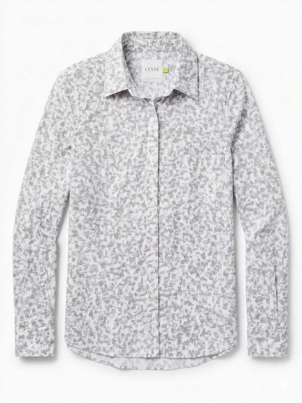 Lyssé Abstract Print Button-Down Shirt – Women’s Size XS, Grey & White -purple